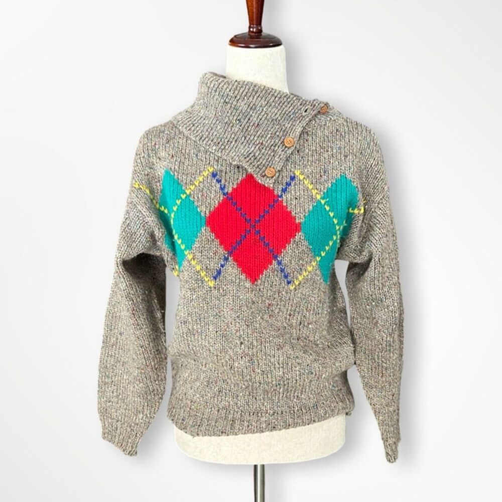 VTG 80s 90s GAP Grey Argyle Turtleneck Wool Blend Sweater, M Preppy Fall Knit